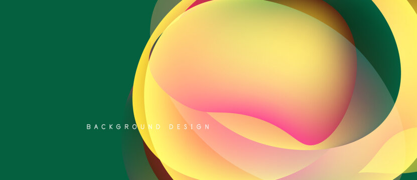 Abstract fluid shapes overlap, creating vibrant color gradients. Green background complements yellow, orange hues. Modern design element.