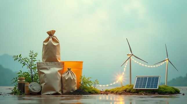 Sustainability concept: A clean photograph depicting a pyramid of zero-waste items alongside glowing solar panels and wind turbines, subtly hinting at climate change in the background, with integrated - Powered by Adobe