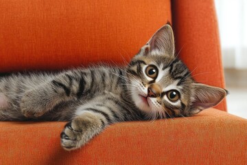 Obraz premium relaxed tabby kitten lying on an orange textured chair looking curiously at the camera