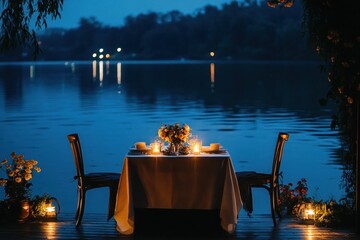 Romantic candlelit dinner setup for two with floral centerpiece on a table by a peaceful lakeside at twilight