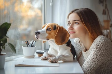 young woman smiling and sitting beside a beagle dog looking out of a window on a cozy day indoors with writing tools and papers on the table