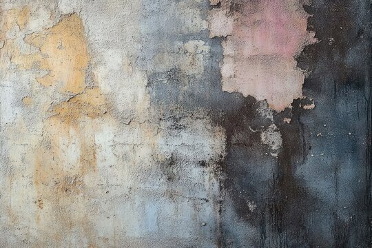 Close-up of a weathered wall with peeling paint in shades of yellow, pink, white, and dark gray, showing texture and signs of decay
