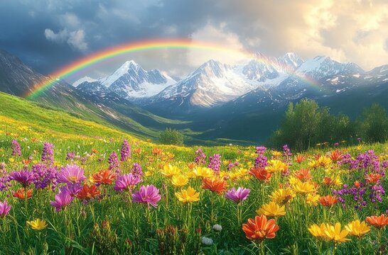 Vibrant wildflower meadow with orange, yellow, purple flowers under a bright rainbow and snow-capped mountain range with cloudy sky during golden hour - Powered by Adobe