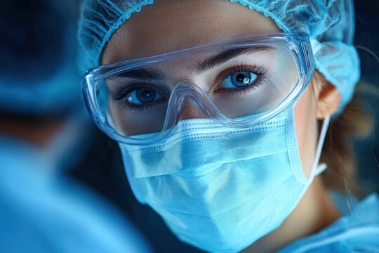 Close-up of a healthcare professional wearing protective surgical mask, medical cap, and safety goggles with focused piercing blue eyes in clinical setting