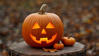 Fototapeta premium Smiling Jackolantern on a Wooden Stump with Smaller Pumpkins, Soft Autumnal Light.