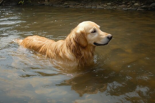 golden retriever dog calmly standing in shallow water with wet fur in natural outdoor setting