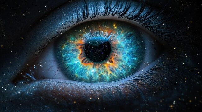 Close-up of a human eye with a vibrant blue and orange iris resembling a cosmic galaxy filled with stars, evoking a sense of wonder and mystery