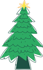 Obraz premium Cartoon Green Christmas Tree with Golden Star Festive Winter Holiday Decoration Hand Drawn Illustration Element