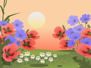 Blooming wild poppies and flax in the spring Ukrainian steppe.