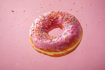 Close-up of a single pink frosted donut with colorful sprinkles on a matching pink background with scattered sprinkles floating around