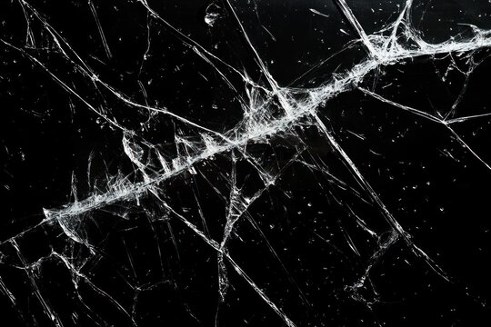Close-up view of broken shattered glass with intricate cracks and sharp fracture lines on a dark background conveying fragility and tension - Powered by Adobe
