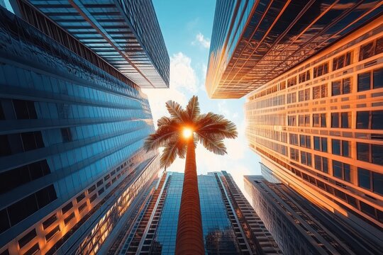 Tall palm tree centered among modern skyscrapers reflecting warm sunlight under a blue sky with scattered clouds, creating a contrast between nature and urban architecture