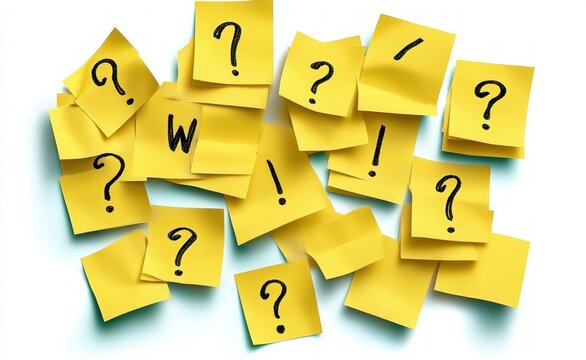 Multiple yellow sticky notes scattered on a white surface with question marks and exclamation marks drawn on them conveying confusion and urgency