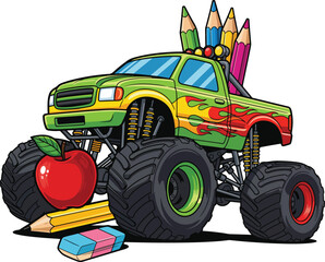 Colorful Cartoon Monster Truck with School Supplies – Back to School Education Vehicle Illustration