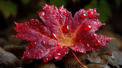 Red Maple Leaf Covered in Water Droplets Resting on Rocks