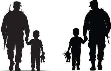 Soldier Holding Child’s Hand Silhouette – Military Dad and Kid Walking with Toy Vector Illustration