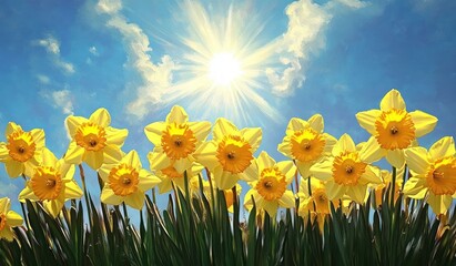 Bright yellow daffodil flowers in full bloom under a shining sun and partly cloudy blue sky, evoking a feeling of warmth and springtime joy