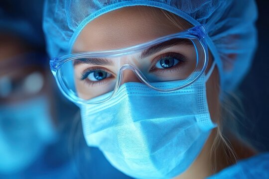 Close-up of a female healthcare worker wearing safety goggles, a surgical mask, and a hairnet, with bright blue eyes and focused expression in a clinical setting
