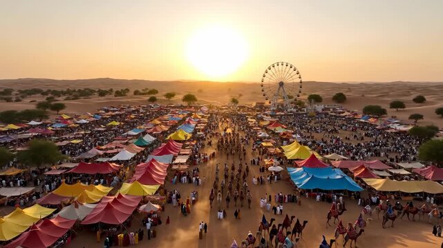 Aerial Panorama of Pushkar Camel Fair at Sunset A Vibrant Tapestry of Culture and Tradition