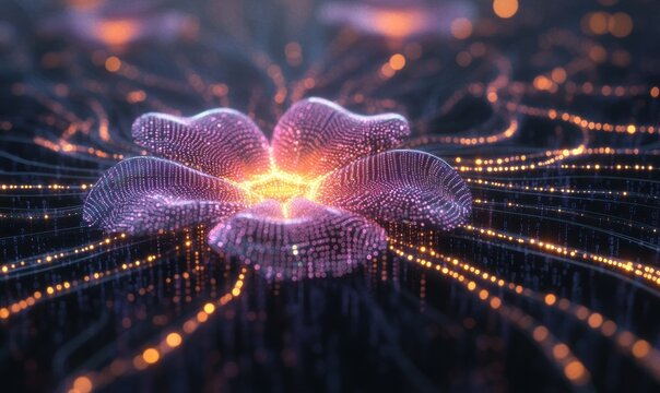 Glowing futuristic digital flower with flowing light and particle elements creating a vibrant and dynamic abstract scene