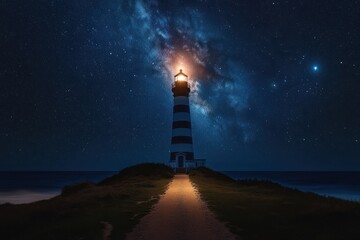 Illuminated lighthouse standing on a grassy hill under a starry night sky with the Milky Way visible, casting a warm light and pathway glow