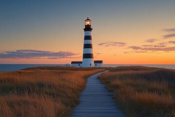 scenic view of a black and white striped lighthouse at sunset with a wooden boardwalk leading through tall golden grass towards the ocean horizon under a calm sky