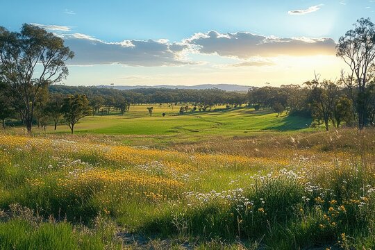 sunset over a peaceful meadow filled with wildflowers and scattered trees under a partially cloudy sky