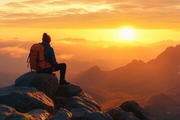 Person sitting on rocky mountain peak watching vibrant sunrise over misty mountain range evoking tranquility and awe