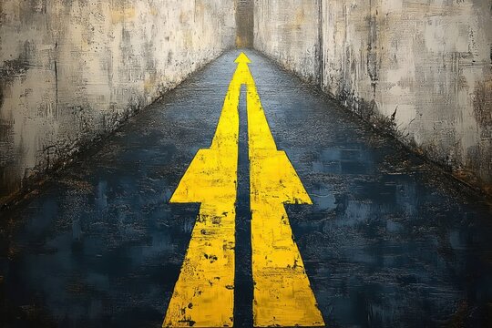 Yellow directional arrows painted on a textured dark blue surface between weathered concrete walls leading forward expressing progress and direction