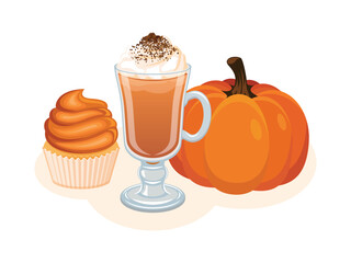 Pumpkin spice latte and pumpkin cupcake vector illustration. Pumpkin spice latte with whipped cream and cinnamon icon set isolated on a white background. Autumn hot drink and dessert drawing