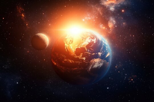 Bright glowing sun rising over planet Earth with visible continents and a barren moon nearby in the vast starry outer space galaxy