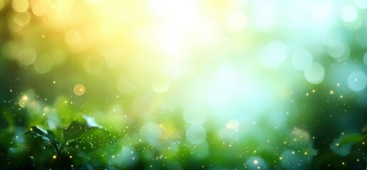 Close-up of lush green leaves with delicate sunlight and bright bokeh effect creating a serene and magical natural atmosphere