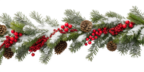 Snow-covered fir garland with red berries and pine cones on white background. Perfect for winter and Christmas holiday themes.