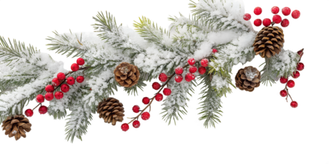 Snow-covered fir garland with red berries and pine cones on white background. Perfect for winter and Christmas holiday themes.