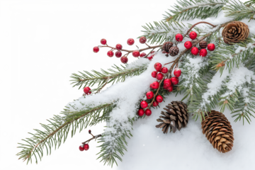 Snow-covered fir garland with red berries and pine cones on white background. Perfect for winter and Christmas holiday themes.