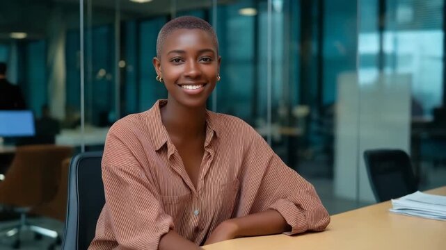 A woman with a smile on her face is sitting at a desk. She is wearing a brown shirt with a pattern on it