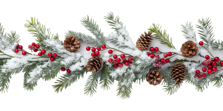 Snow-covered fir garland with red berries and pine cones on white background. Perfect for winter and Christmas holiday themes.