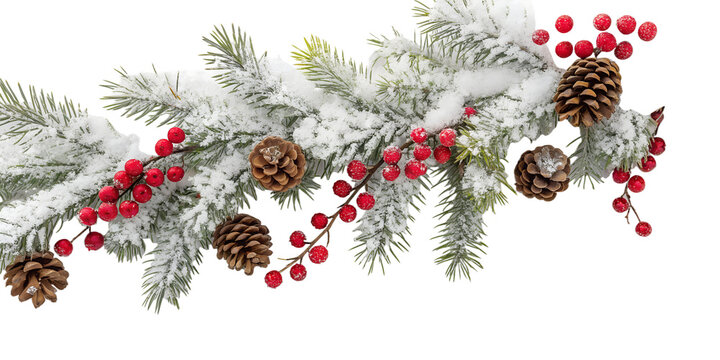 Snow-covered fir garland with red berries and pine cones on white background. Perfect for winter and Christmas holiday themes.