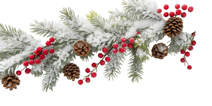 Snow-covered fir garland with red berries and pine cones on white background. Perfect for winter and Christmas holiday themes.