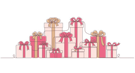 Fototapeta premium Elegant line drawing displaying an array of gift boxes tied with decorative ribbons illustration