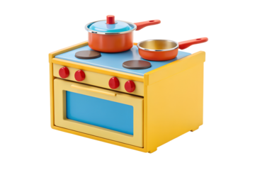 Colorful toy kitchen stove with pots and pans for imaginative play and creativity