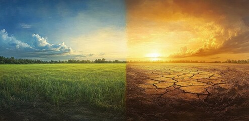 A landscape split into two contrasting halves showing lush green grass under a blue sky on the left and dry cracked earth under an orange sky on the right, symbolizing environmental change and drought