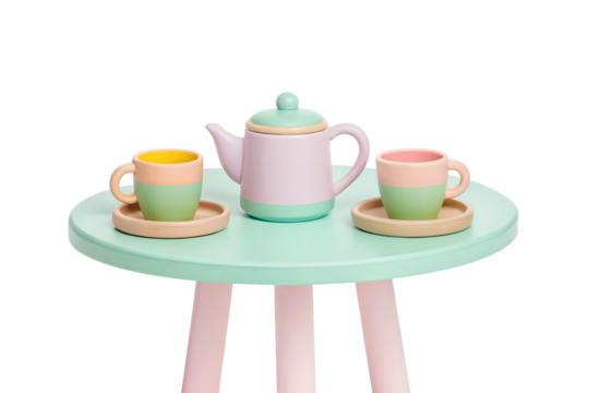 Colorful tea set with cups and teapot on a pastel green table for playful gatherings