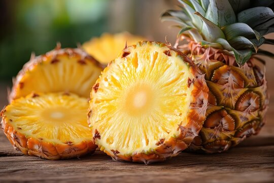 Close-up view of fresh ripe pineapples with one whole and two sliced halves showing juicy yellow flesh on rustic wooden surface