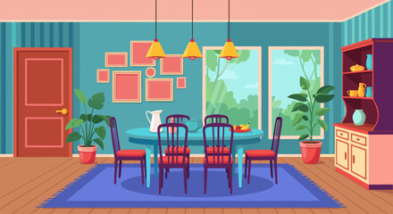 Cozy Dining Room Interior Design with Table, Chairs, and Decorative Elements for Home Decor