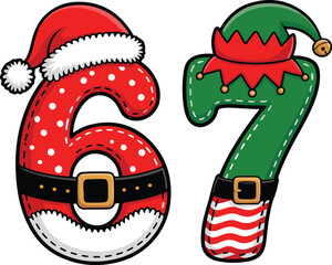 Christmas Numbers 6 and 7 in Santa and Elf Costumes – Festive Holiday Number Clipart for Kids and Crafts