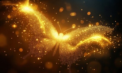 Glowing golden butterfly made of shimmering sparkling particles against a dark blurred background evoking magic and wonder