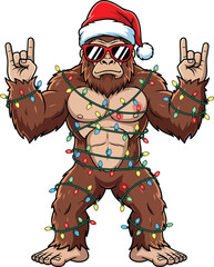 Muscular Bigfoot in Santa Hat with Sunglasses Wrapped in Christmas Lights – Funny Holiday Yeti Cartoon Illustration