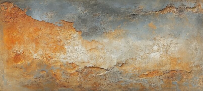 Close-up view of a weathered and cracked wall surface with peeling paint in shades of orange, gray, and white showing textured deterioration - Powered by Adobe