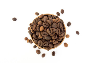 A paper coffee cup and coffee beans, isolated on white background.